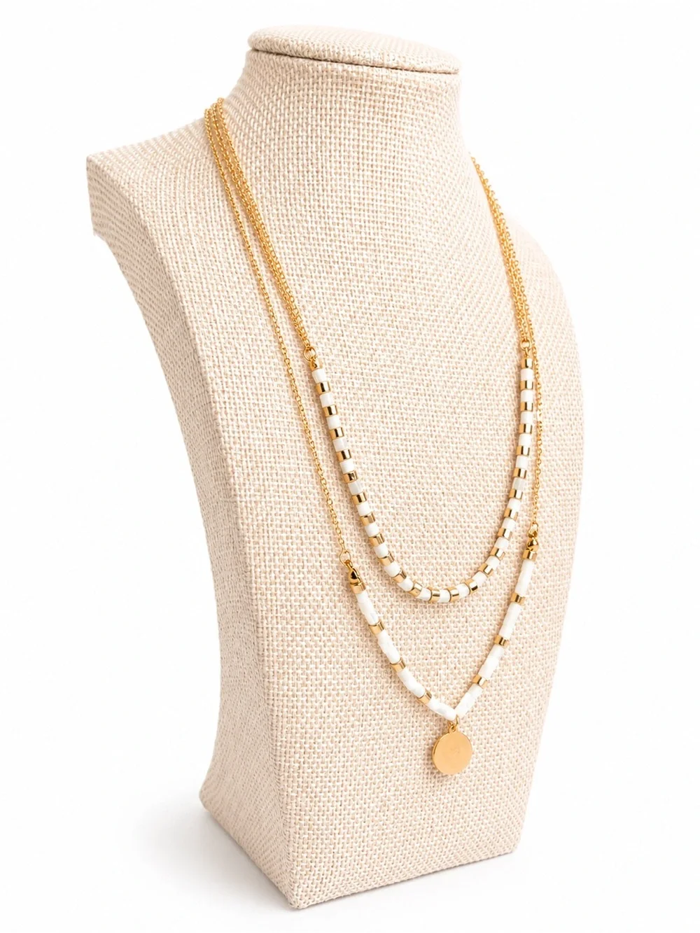 Gold-Tone Layered Necklace with White Beads and Black Pendant